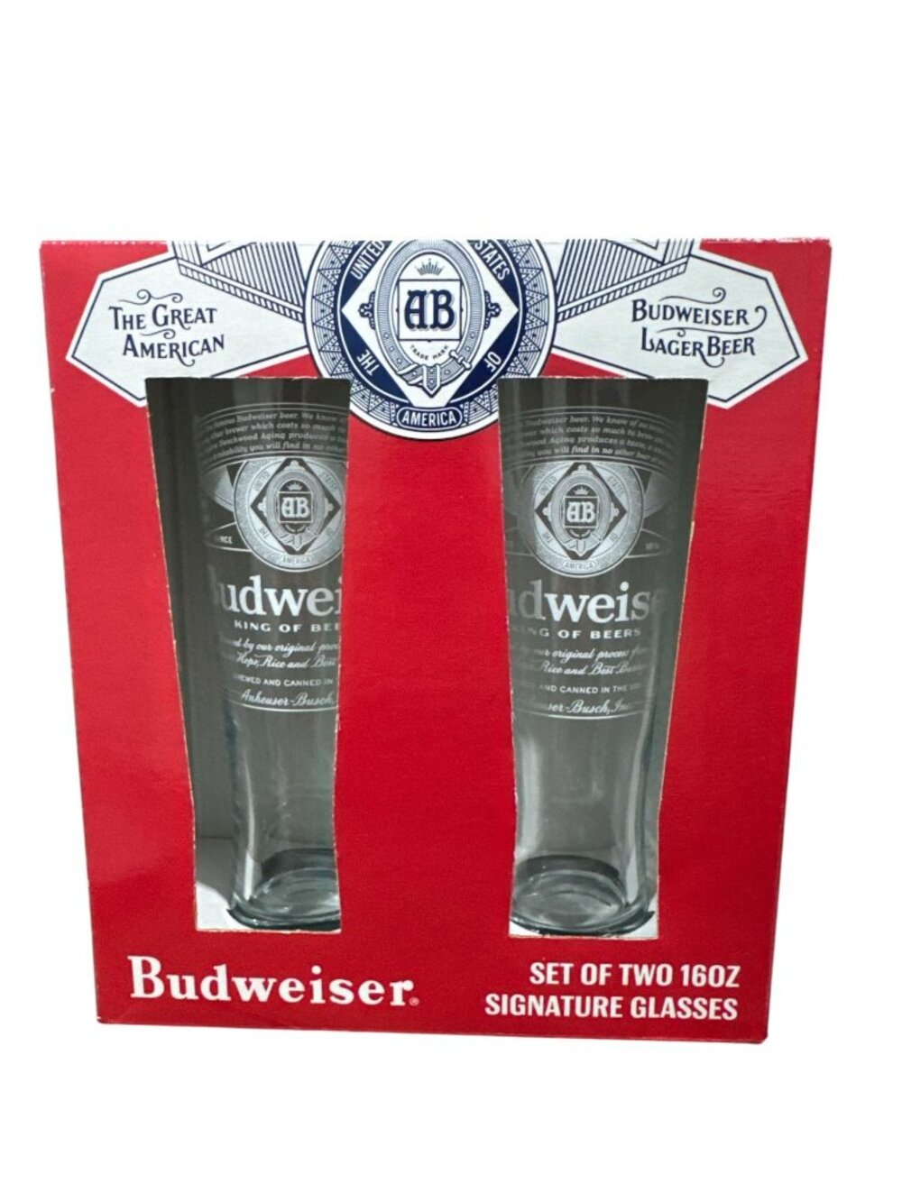 Budweiser Set Of Two 16oz Signature Glasses In Box For Beer Lovers & Collectors